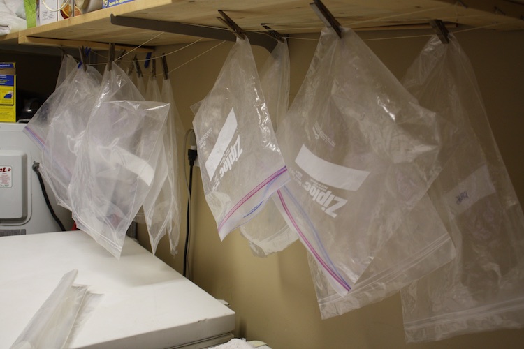 ziploc bags hanging for drying