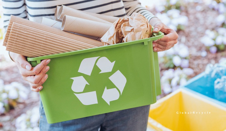 Cardboard in a green recycling bin