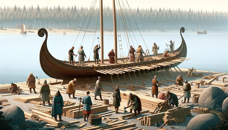 Vikings dismantling a ship to reuse for structures
